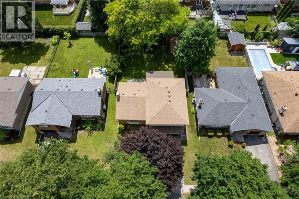 Aerial view of the rear of the house and its backyard, showing a pool and neighboring properties. - 99 Lorraine Avenue, Kitchener
