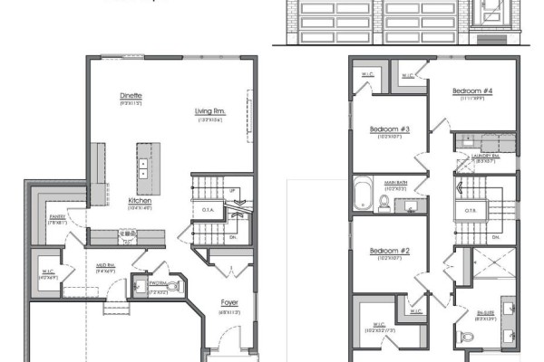 Floor plan showing two levels with room dimensions for a living room, kitchen, dinette, foyer, and four bedrooms. - 99 Sheldabren Street, North Middlesex