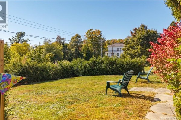 Backyard view with a stone pathway, two green chairs, and dense green hedges under a blue sky. - 99 Union Street, St  Stephen