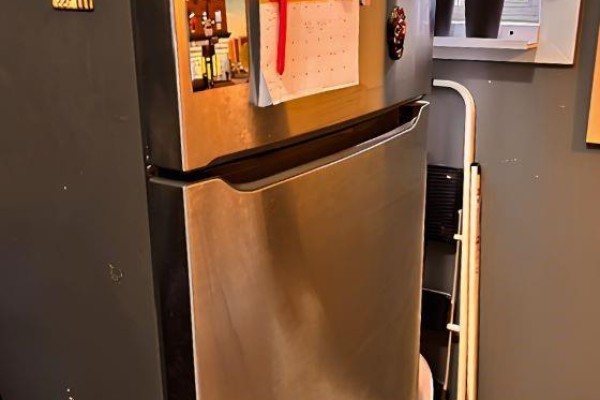 Stainless steel refrigerator with items attached to the door. - 9a Wentworth Street N, Hamilton
