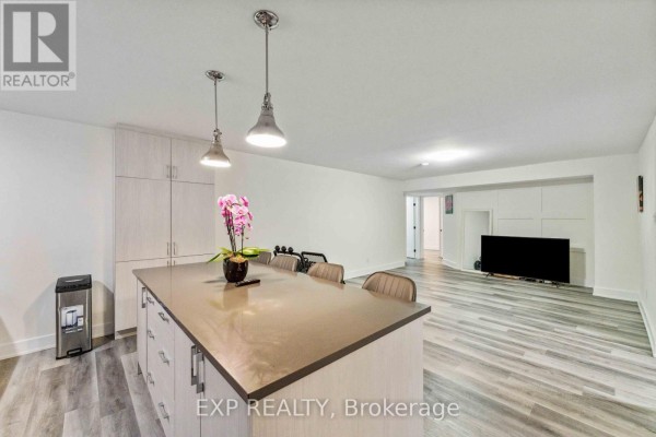 Basement kitchen island with grey countertop and chairs, facing a living area. - B - 12 Sylvester Street, Ottawa