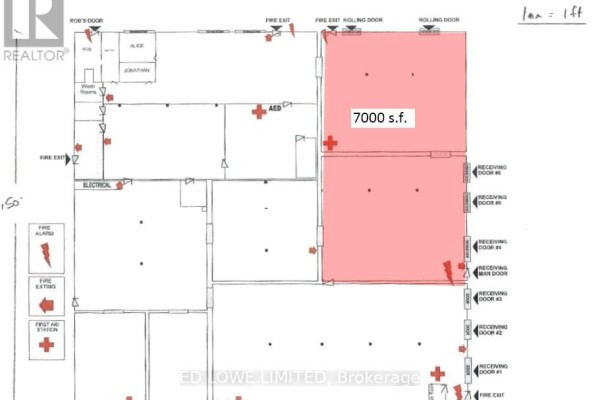 Floor plan of commercial building showing room layouts and labelled doors. - B - 201 Bay Street, Midland