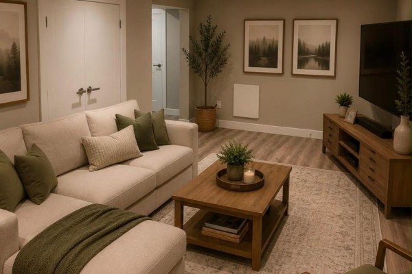 Basement living area with a sectional sofa, coffee table, television, and framed art. - B - 9 York Street, Kitchener