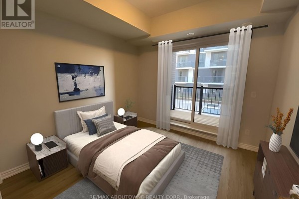 Bedroom with queen bed, nightstands, dresser, and balcony access with courtyard view. - B-208 - 349 Wheat Boom Drive, Oakville