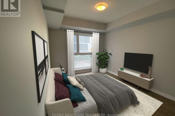 Second bedroom with queen bed, bedside tables, and large window overlooking a balcony. - B-208 - 349 Wheat Boom Drive, Oakville