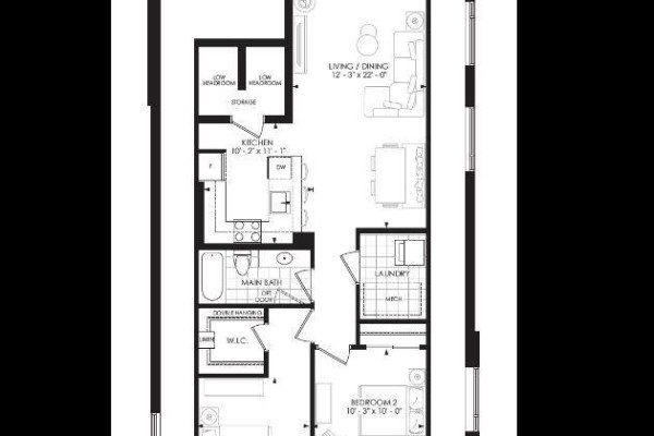 Floor plan showing two bedrooms, two bathrooms, kitchen, living/dining area, and laundry. - B-208 - 349 Wheat Boom Drive, Oakville