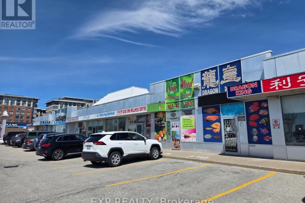 Row of storefronts with various signs, including 'Dragon King' and 'Spa'. - B10 - 4779 Steeles Avenue E, Toronto
