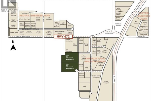 Map indicating the layout of Emerson Industrial Park with adjacent businesses and paved roads. - B2, L27 Pt: Nw-11-73-6-w6 Emerson Trail Industrial Pk Rd, Rural Grande Prairie No  1, County Of