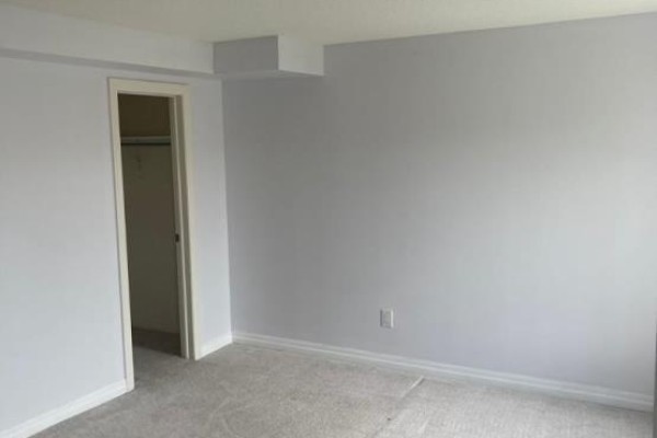 Empty basement bedroom with light grey walls, beige carpet, and closet. - Basement - 130 Vantage Loop, Newmarket