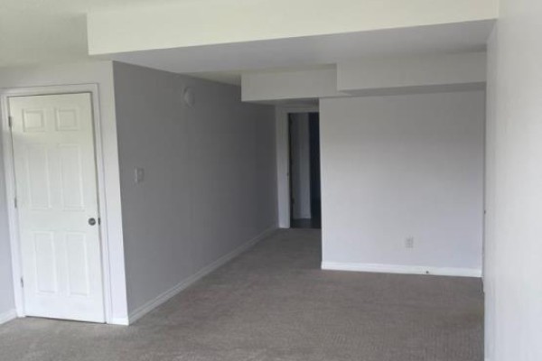Spacious basement area with light grey walls, beige carpet, and doors to rooms. - Basement - 130 Vantage Loop, Newmarket