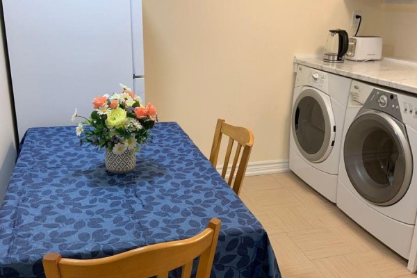 Close-up of laundry machines and a sink with white tiled backsplash and marble countertop. - Basement - 175 Mabley Crescent, Vaughan
