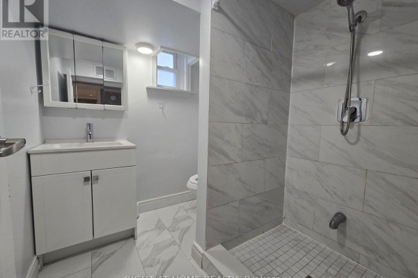 A basement bathroom with a vanity, sink, toilet, and a marble-tiled walk-in shower with a chrome shower head. - Basement - 46 Haverson Boulevard, Toronto