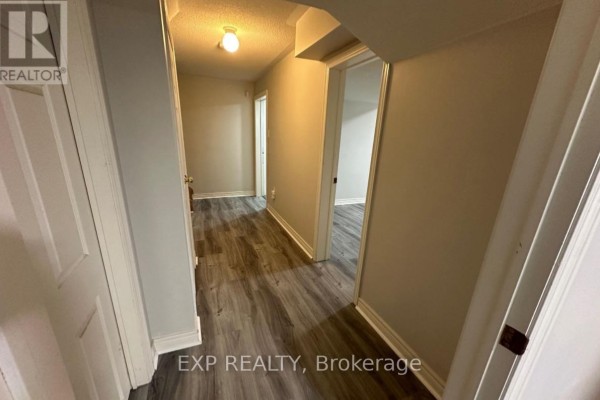 View down a basement hallway showing multiple doors, beige walls, and wood-look vinyl flooring. - Basement - 5 Fallgate Drive, Brampton