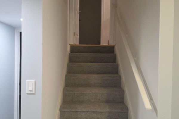 Carpeted staircase with a white handrail leading up from a hallway. - Basement - 63 English Drive E, New Tecumseth