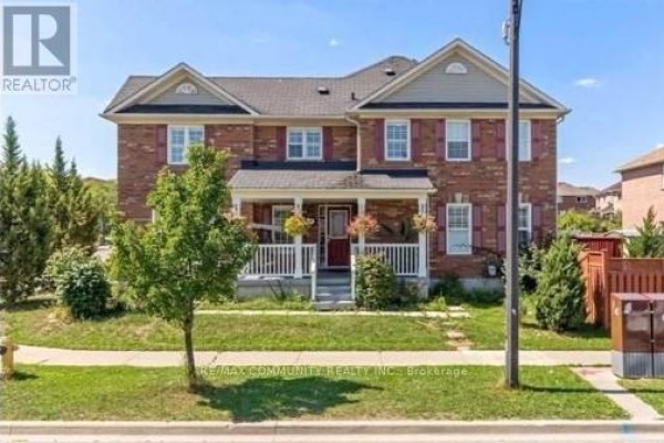 Front exterior of a two-story brick house with a covered porch. - Basement - 68 Hyacinth Crescent, Toronto