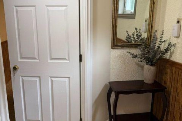 Interior hallway with a white paneled door, a small dark wood console table and mirror. - Basement - 9 Japonica Road, Toronto