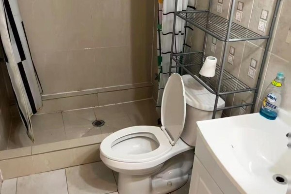 Basement bathroom with walk-in shower, toilet, and white vanity with metal shelving. - Basement - 91 Markham Street, Toronto