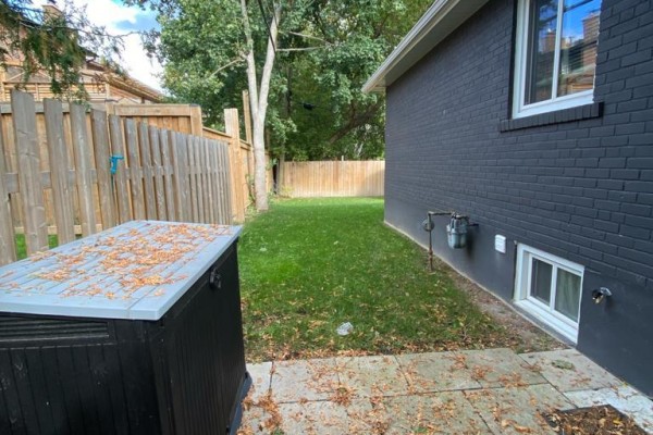 Backyard view with a patio, green grass, wooden fence, and storage box. - Basemnt - 112 Walter Avenue, Newmarket