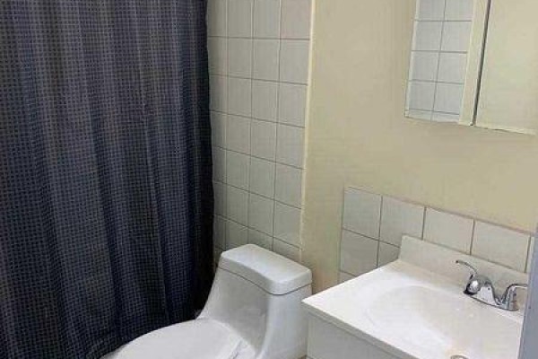 Bathroom with white toilet, sink, medicine cabinet, and dark grey shower curtain. - Bsmt - 1 Royal Gala Crescent, Richmond Hill