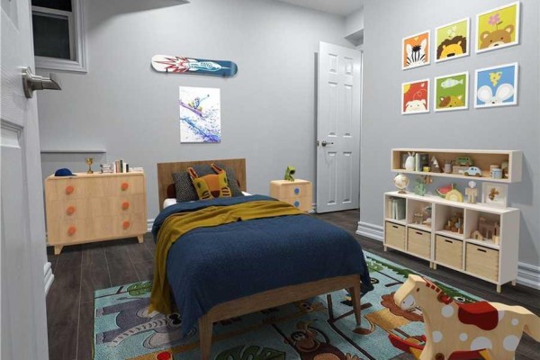 A child's bedroom with a single bed, dresser, and toy storage. - Bsmt - 119 Tom Edwards Drive, Whitby