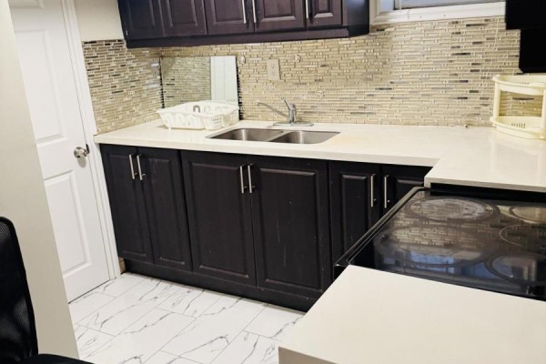 Basement kitchen with dark wood cabinets, a light quartz countertop, and a mosaic tile backsplash. - Bsmt - 15 Berkham Road, Toronto