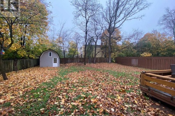 Backyard with fallen autumn leaves, a small shed, and a wooden fence. - Bsmt - 2063 Saxon Road, Oakville