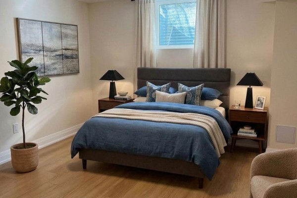 Bedroom featuring a blue bedspread, nightstands, and window with natural light - Bsmt - 4029 Powderhorn Court, Mississauga