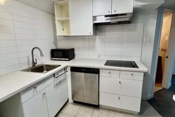 Basement kitchen with white cabinets, stainless steel dishwasher, stovetop, and sink. - Bsmt - 5 King William Crescent, Richmond Hill