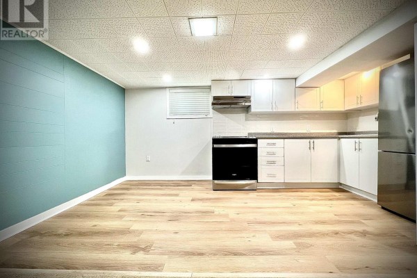 Empty basement living area with beige carpet and a teal accent wall. - Bsmt - 63 Bunnell Crescent, Toronto