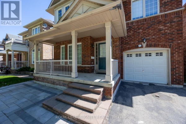 Close-up of the covered front porch with white railings and steps leading to the teal front door. - Bsmt - 7 Vecchia Street, Markham
