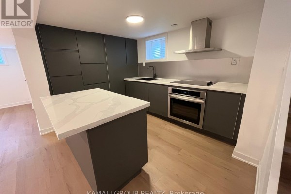 Modern basement kitchen with dark grey cabinets, quartz island, and stainless steel appliances. - Bsmt - 75 Newbury Drive, Newmarket