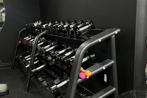 Rack of dumbbells in various weights on a black stand in a gym. - Bsmt - 860 North Park Drive, Brampton
