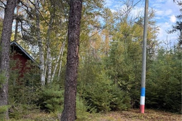 A wooden utility pole with red, white, and blue bands stands near trees and a red cabin. - Camp L'eglise Road, Saint Norbert