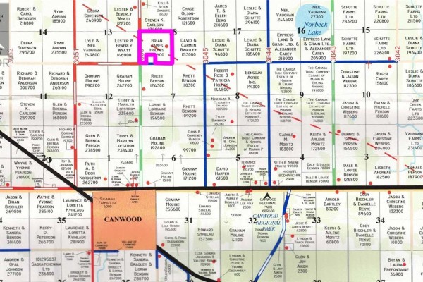 Land ownership map highlighting parcel with owner Elaine A. Tutterow, 307200. - Canwood Farmland, Canwood Rm No  494