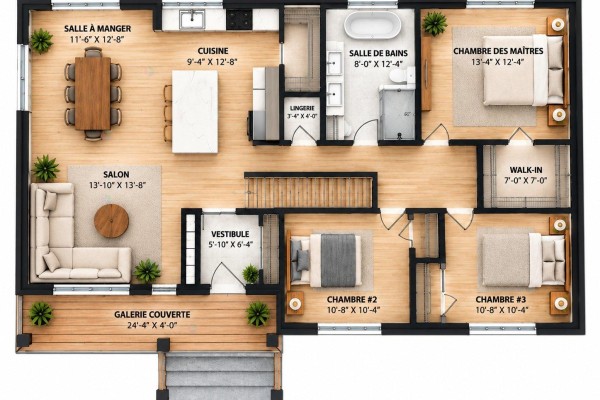 Floor plan showing living room, dining room, kitchen, three bedrooms, and two bathrooms. - Ch. Célestin-pominville, L Ange Gardien
