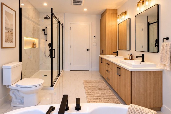 Spacious bathroom with double vanity, modern shower, and freestanding bathtub. - Ch. Célestin-pominville, L Ange Gardien