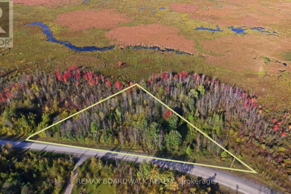 Overhead view of a wooded triangular lot with autumn foliage, bordered by a road and wetland. - Con 7 Lot 6 Land O'nod Road, Merrickville Wolford
