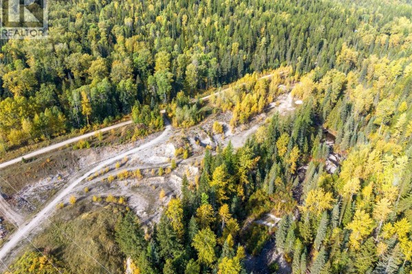 Wide aerial view of a wooded mountain slope with power lines and distant mountain peaks. - Fairy Creek Road, Fernie
