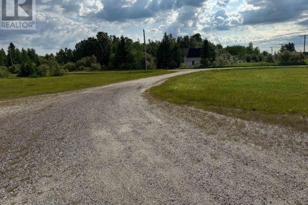 Gravel driveway curves through green fields towards a treeline and distant buildings under a partly cloudy sky. - Fauquier-strickland - 800 Cloutier Road, Kapuskasing