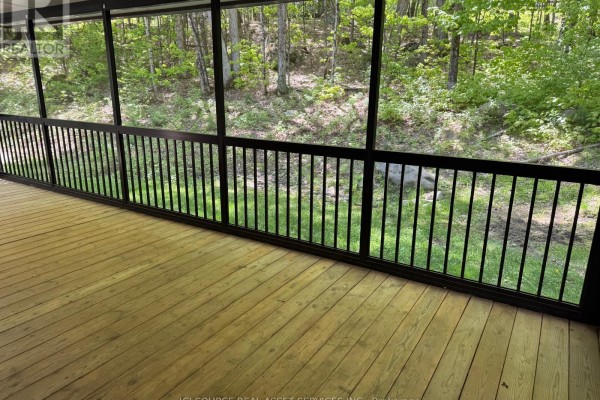 View from a screened-in porch with wooden flooring and black railing overlooking trees. - Fnc426 - 1047 Bonnie Lake Camp Road, Bracebridge