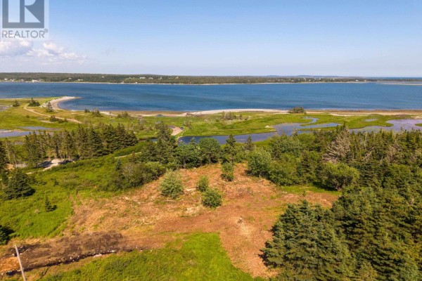 Aerial view of a cleared area within a wooded lot facing the water and marshland. - Front Acre Lot Conroad Beach Road, Lower East Chezzetcook