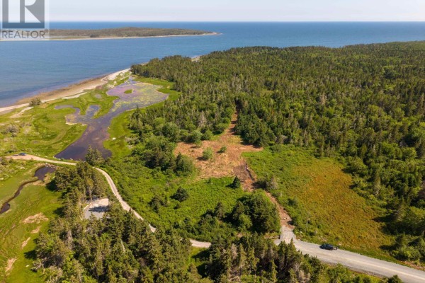 Aerial view of a wooded coastal landscape with a sandy beach, marsh, and distant treeline. - Front Acre Lot Conroad Beach Road, Lower East Chezzetcook