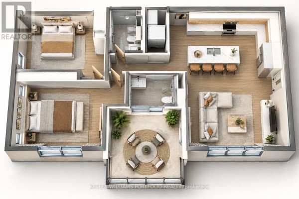 3D floor plan of a three-bedroom apartment with open-concept living, dining, kitchen, and two bathrooms. - Garden Residence - Sugar Ridge Condos Valley Road, Antigua