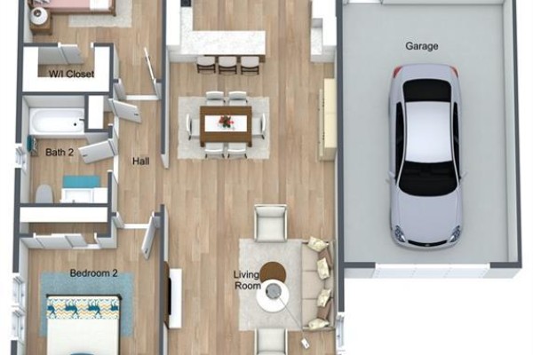 Floor plan showing two bedrooms, two bathrooms, living room, dining area, kitchen, and attached garage. - Homestead Drive, Hampton