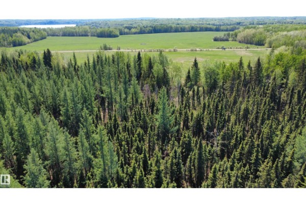 Aerial view looking over a dense evergreen forest towards a distant field and lake. - Hope Lake Nw-33-65-18-w4, Rural Athabasca County