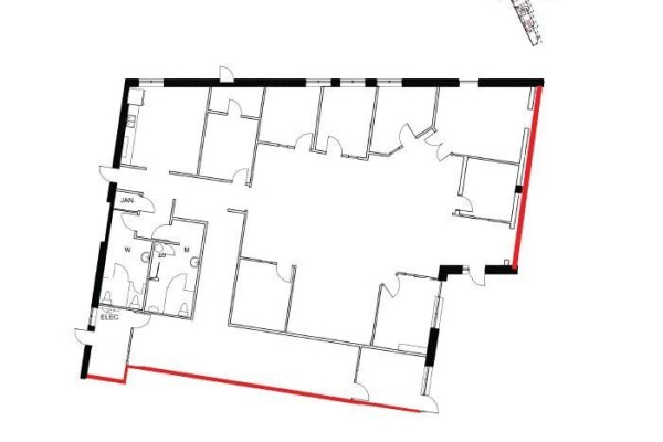 Floor plan layout showing multiple rooms, restrooms, and common areas in commercial space. - K - L - 4 Cedar Pointe Drive, Barrie