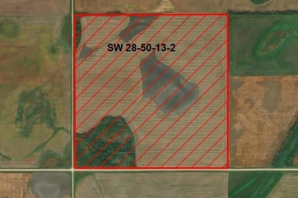 Aerial map of farmland parcel SW 28-50-13-2 marked with red crosshatching. - Land East Of Nipawin, Nipawin Rm No  487
