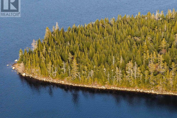 Aerial view of a forested island property in the middle of dark blue water. - Long Pt Lawrencetown, Seaforth