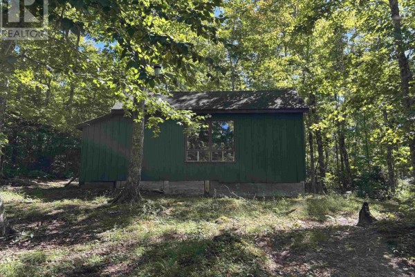 Side view of a green cabin with large windows, set in a wooded area. - Lot (pid 20505046) Truro Road, New Annan