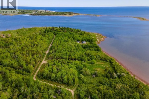 Panoramic view of wooded land along the coast, with a blue ocean and distant town. - Lot 08-07 Sunrise Lane, Shemogue